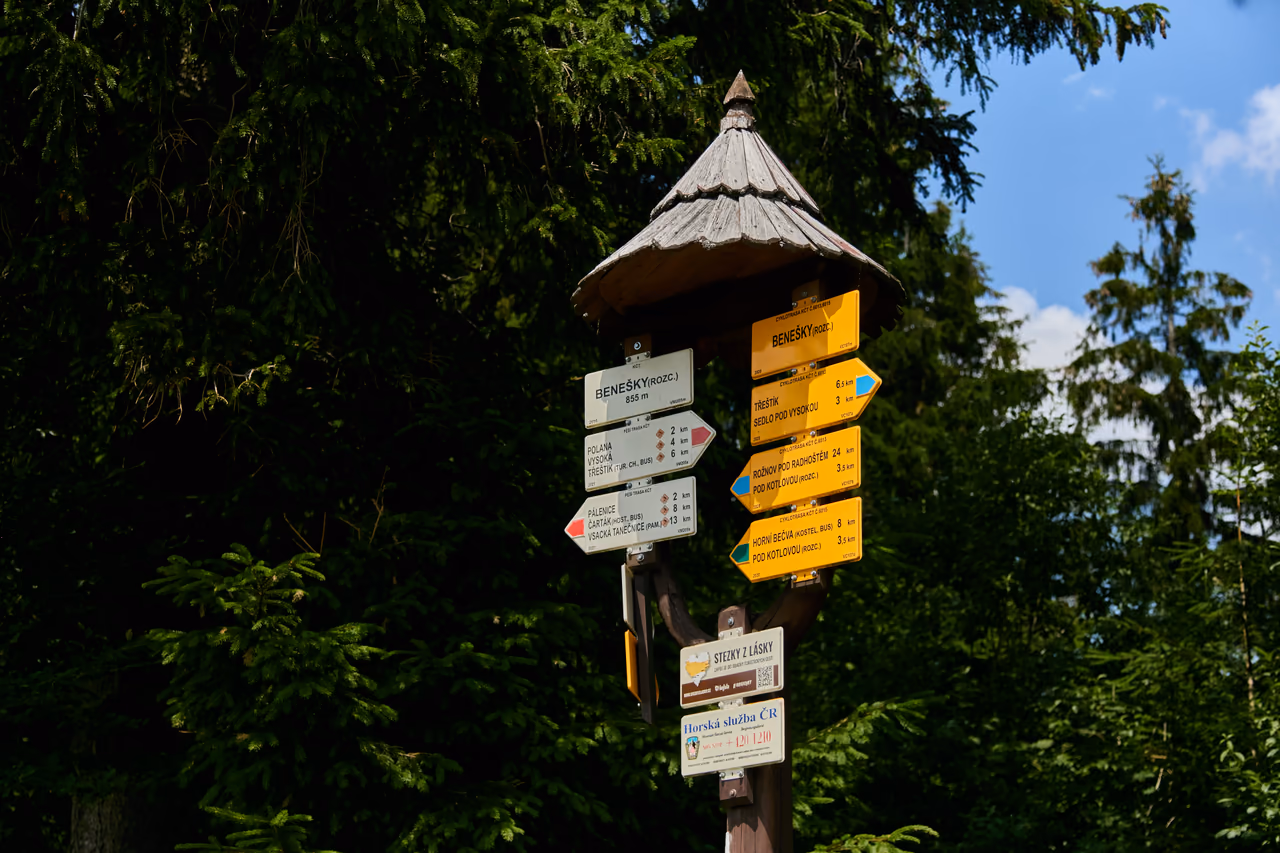 A wooden signpost with a small roof, carrying white KČT direction plates reading Benešky (rozc.) 855 m and yellow cycle signs