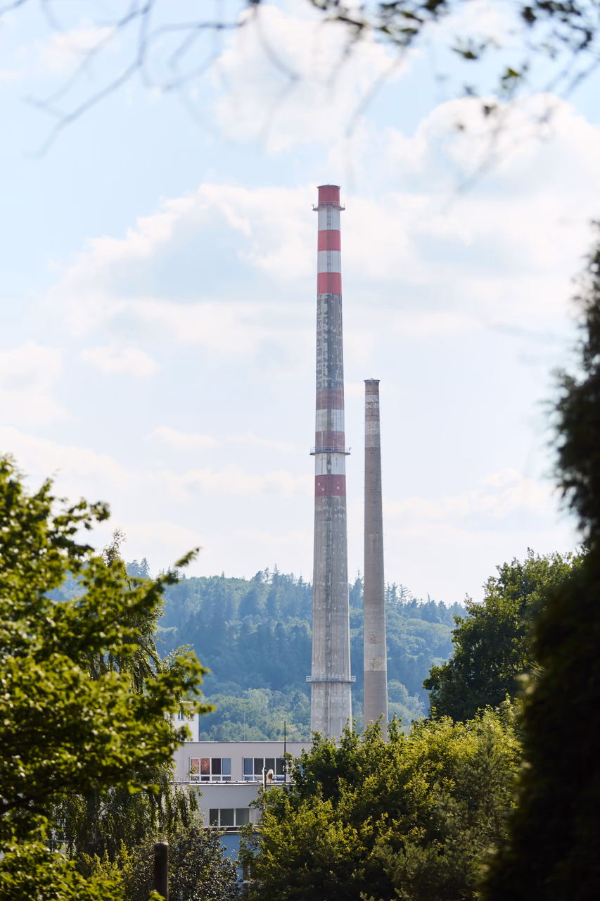 Komíny nad korunami stromů - průhled od města