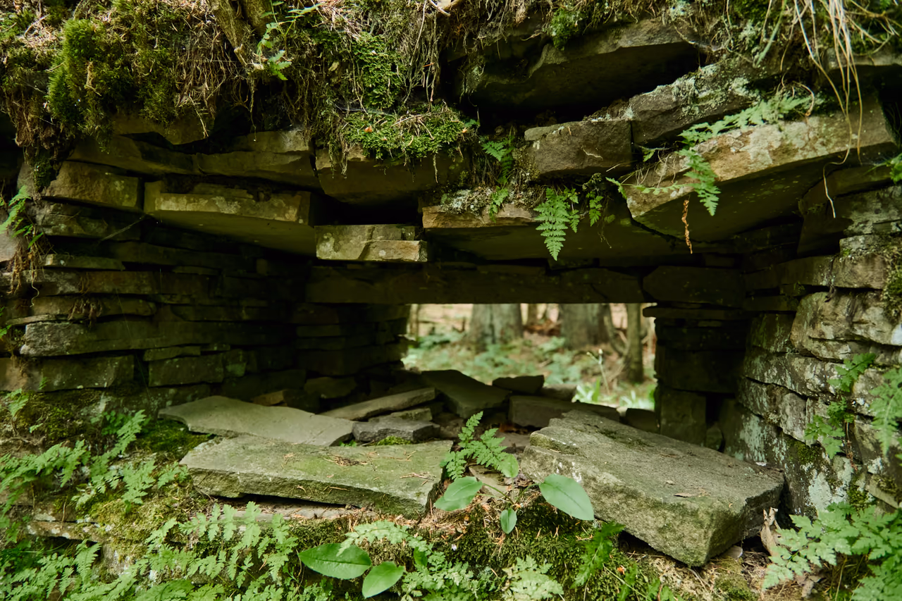 Öffnung im trocken gesetzten Steinmauerwerk von unten: über dem Durchblick halten flache Steine, darin liegen heruntergefallene Steinplatten, ringsum Moos und Farne