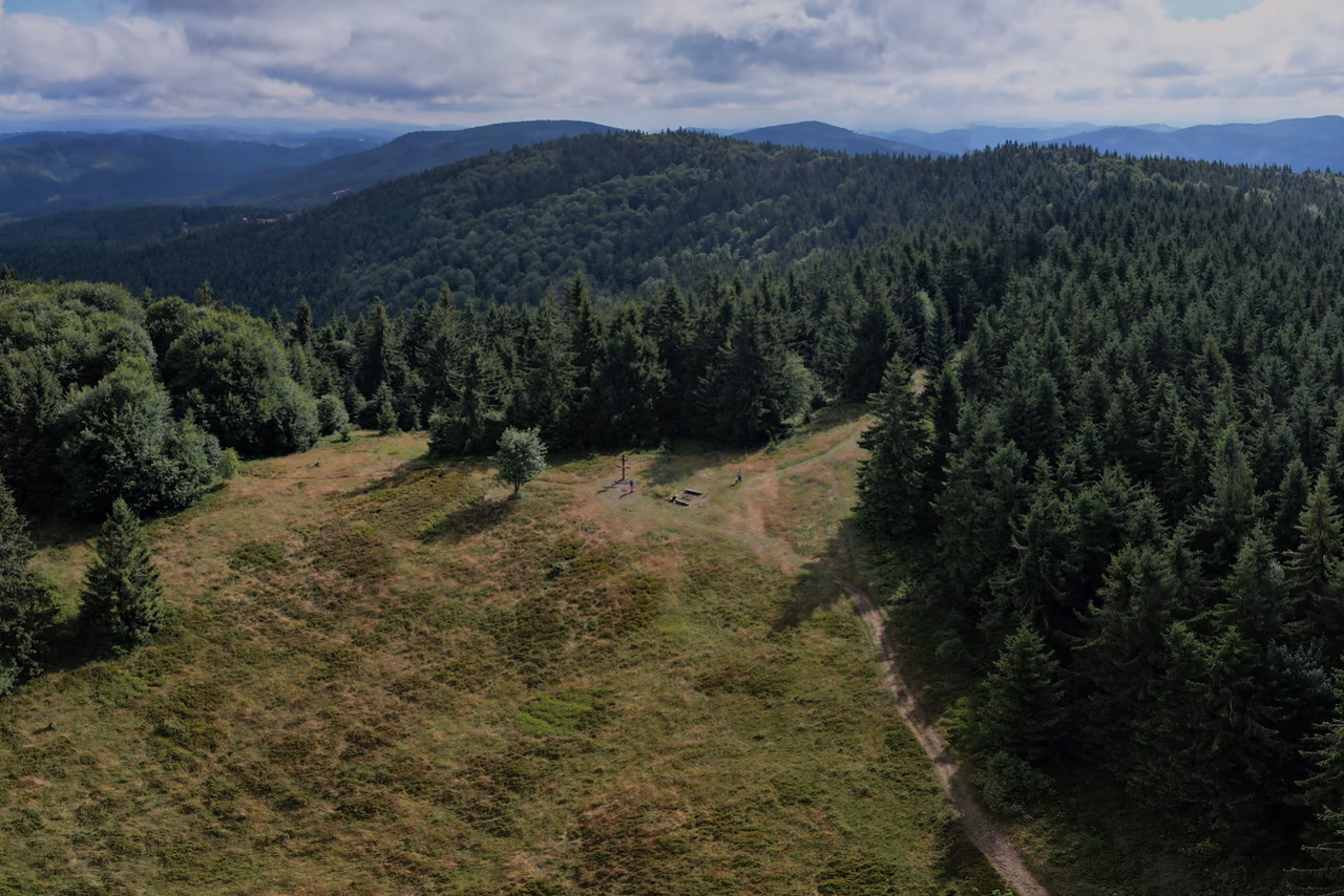 Vrcholová čistina Veľkého Javorníka z dronu s dreveným dvojkrížom a lavicami, dookola stromy